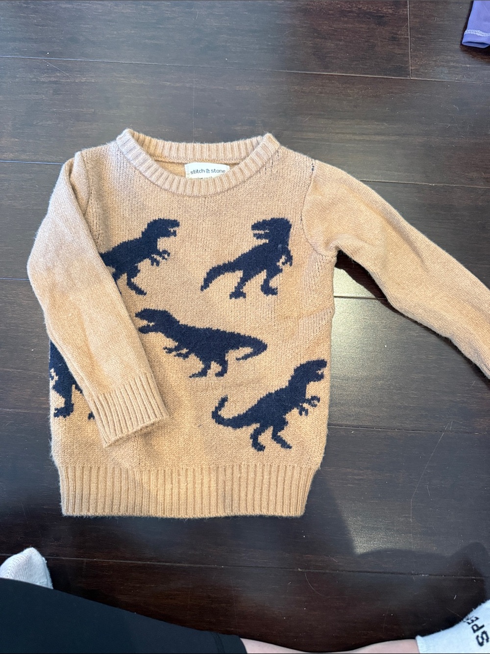 Stitch & Stone Kids Tan Sweater with Navy Dinosaur Motif